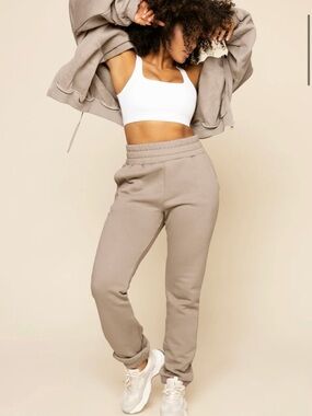 POPFLEX Women's Cloud Rollover Sweatpant Jogger in Taupe Size Small